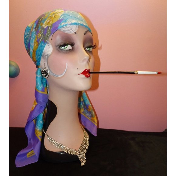 Vintage Blue & Purple Extra Large Floral Scarf square shaped flowers leaves 70s - Picture 14 of 16